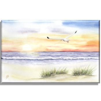 Leinwand 40 x 30 cm Keilrahmen Canvas-Leinen  Sonnenuntergang Strand Aquarell Maritim Kunst Druck Kunstdruck Dänemark Nordsee Düne Dünen Meer Möwe Ostsee